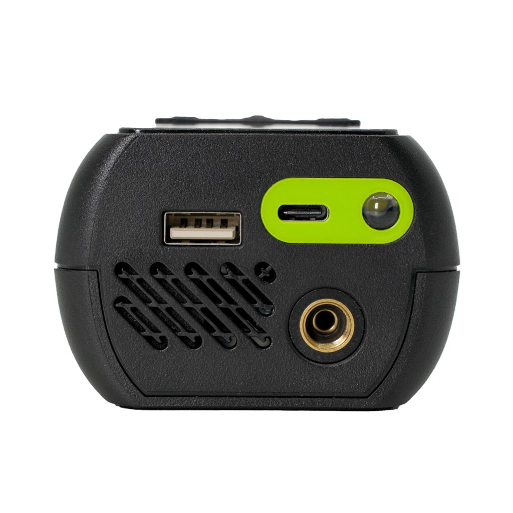 Electronic pump top - close up of USB ports and needle insertion point on electric tyre pump. Has a flash light that can be used as a torch or flashing light for safety. USB power bank can charge mobile phones and small devices.