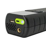 Electronic pump - close up of USB ports and needle insertion point on electric tyre pump. Has a flash light that can be used as a torch or flashing light for safety. USB power bank can charge mobile phones and small devices.