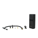 Black tire inflator kit with hose and connectors on a white background