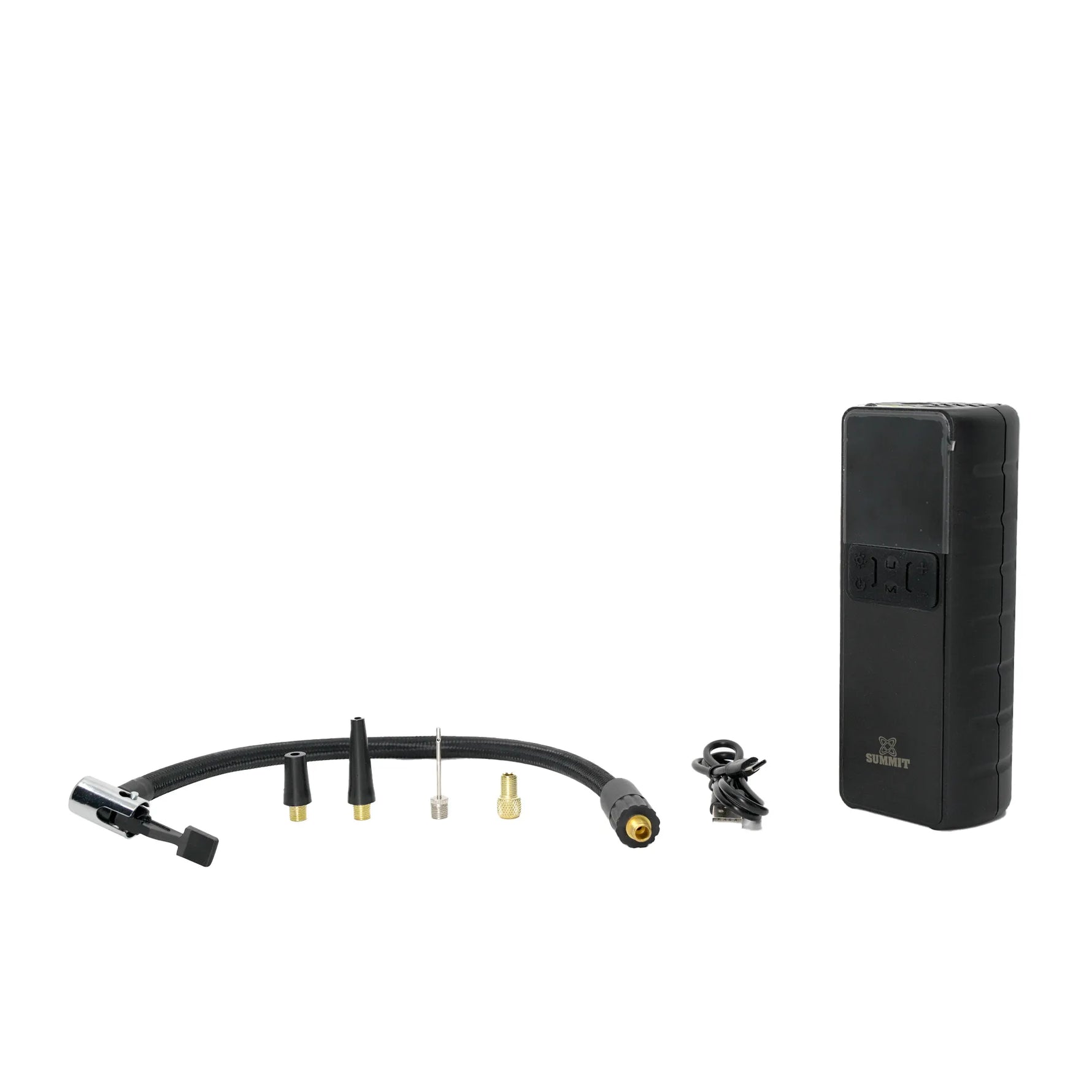 Black tire inflator kit with hose and connectors on a white background