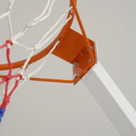 Close up of netball ring attached to the pole with screws 