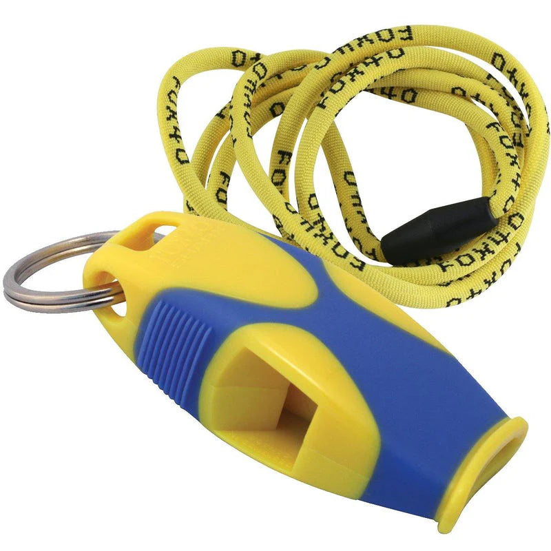Yellow and blue whistle with a lanyard on a white background