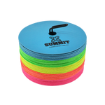 50 flat rubber sports markers in pink, orange, yellow, green and blue.