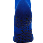 Blue full length grip socks showing grip on base of sock to stop slipping in soccer boot.