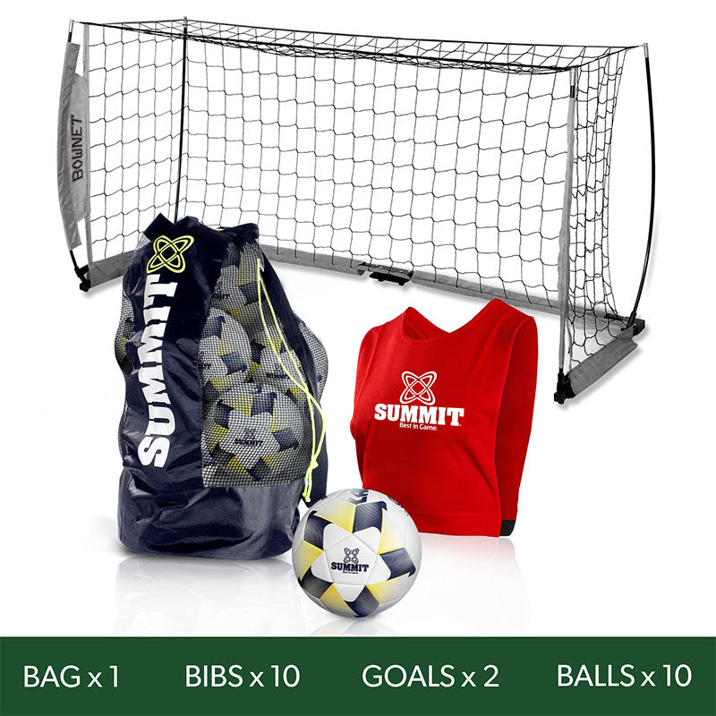 Football Australia Official 2m x 1m Goal Pack by SUMMIT Sport, including 2 bownet goals, 10 soccer balls, 10 bibs and 1 ball-bag.