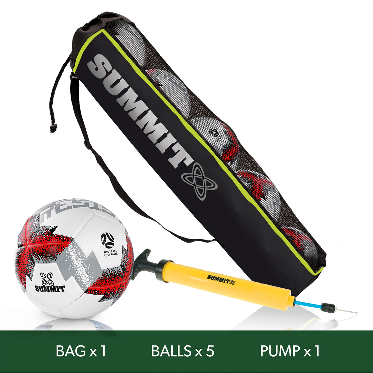 Football Australia Resist Football Pack, including 5 summit resist soccer balls, a summit 5-ball carry bag, and a summit double action pump.
