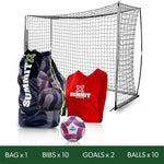 Football Australia junior Futsal Pack, with 10 futsal balls, 2 bownet 3x2 metre goals, 10 bibs and 1 ball carry bag.