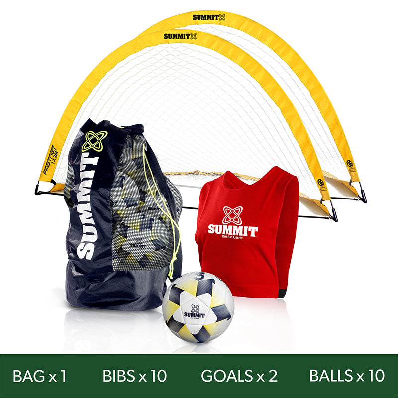 Football Australia pack by summit sport, including 2 Teardrop goals, 10 bibs, 1 bag and 10 balls 
