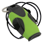Green and black whistle with a lanyard on a white background