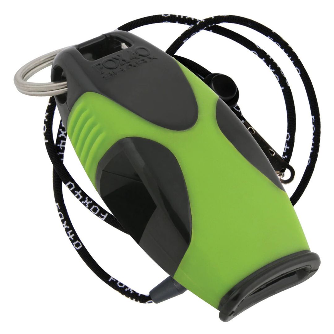 Green and black whistle with a lanyard on a white background