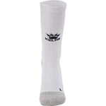 Front facing White Crew sock with non slip grip pads. Crew length sock by kelme in white from front angle. 