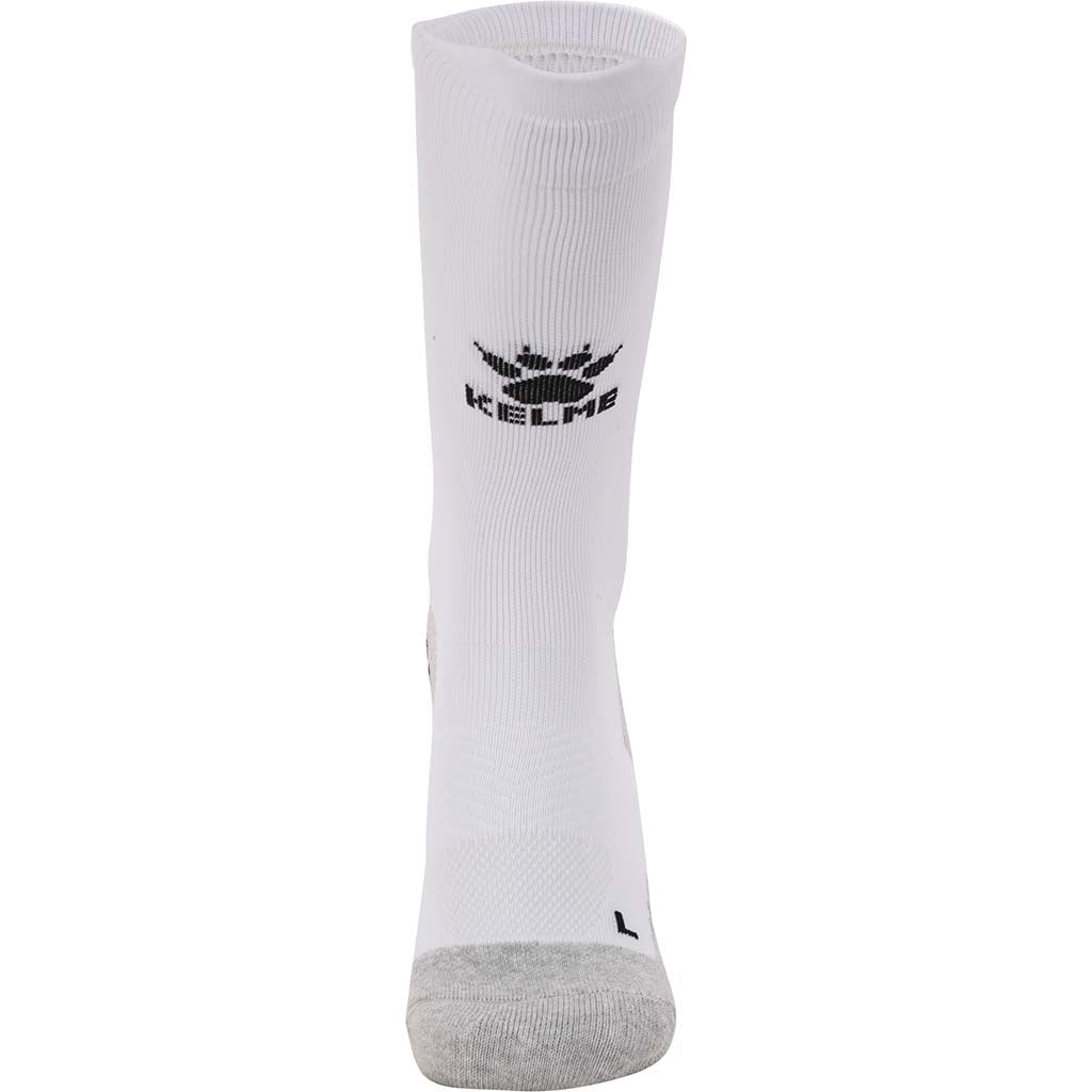 Front facing White Crew sock with non slip grip pads. Crew length sock by kelme in white from front angle. 
