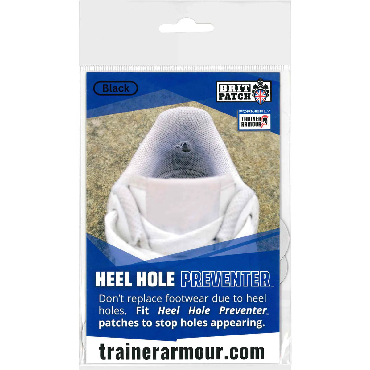 Packaging of a heel hole preventer for shoes - black colour - with a white background.