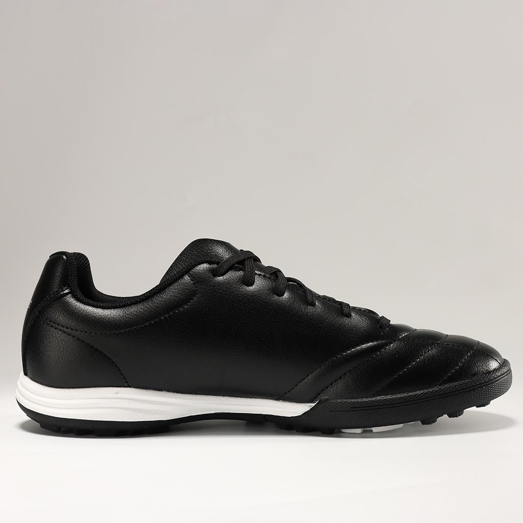 KELME Neo Sr Turf Boots for artificial surfaces - in black and white colour. Side view of single shoe.