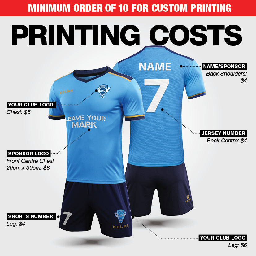 Printing costs to add names, numbers and logos to soccer teamwear