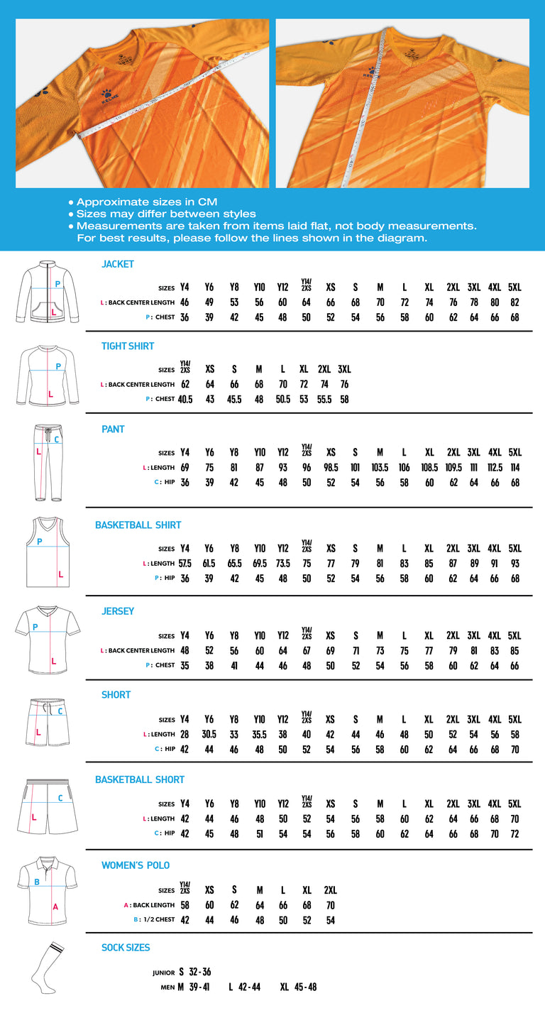 Measurement chart for sports apparel with sizes listed for jackets, pants, basketball shirts, jerseys, shorts, and women's polo shirts.
