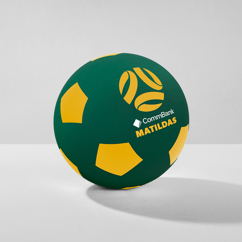 Green and gold bounce ball with 'CommBank Matildas' branding on a white background