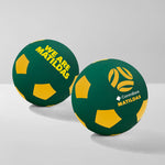 Two green and gold bounce balls with 'We Are Matildas' and 'CommBank Matildas' logos on a white background.