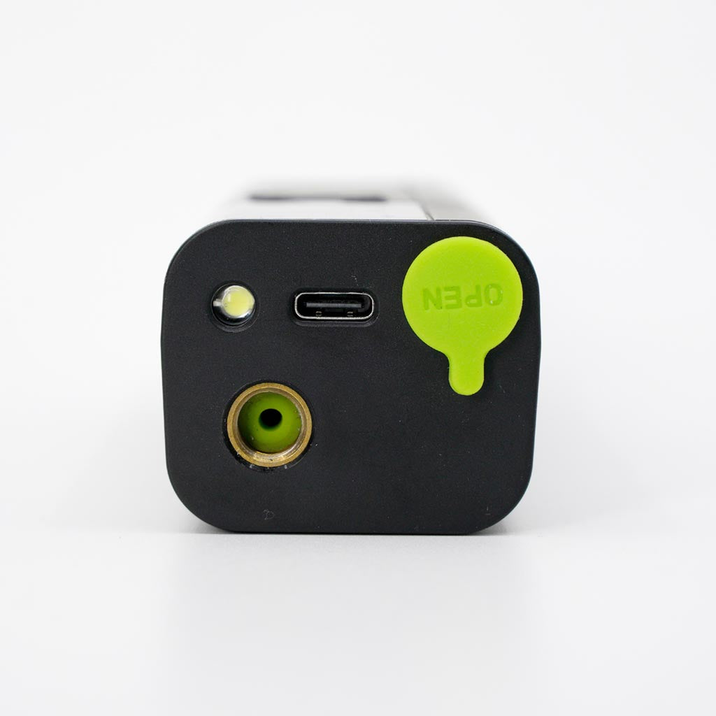 close up of needle storage compartment, needle insertion point, LED light and USB port 