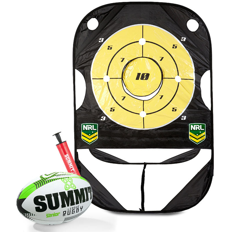 NRL pack including 1 NRL Passing Target, 1 x SUMMIT Advance Rugby League Ball size 5 and 1 x SUMMIT 6" Classic Mini Pump