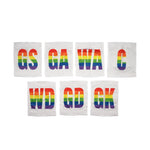 Netball dress team patches in a line with white with rainbow printed positions