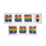 Netball dress team patches in a line with white and rainbow printed positions