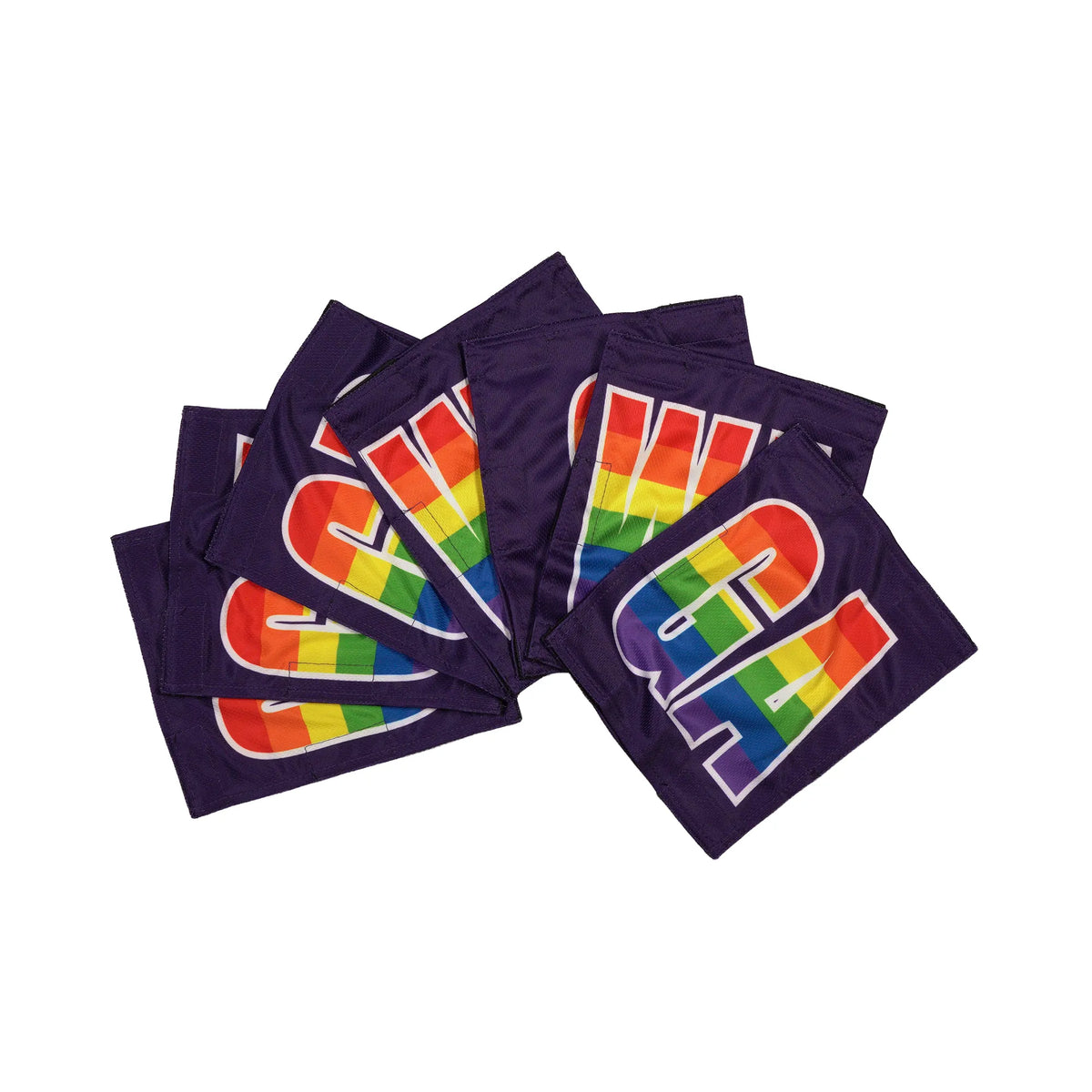 purple and rainbow team netball dress patches