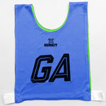 Reversable netball bib in blue and green. GA print for Netball Club.