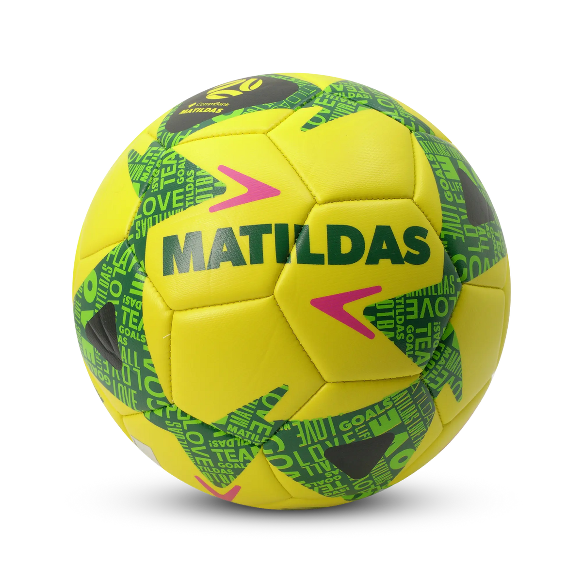 Matildas soccer ball in Yellow colour with green designs and light green soccer related text
