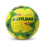 Matildas soccer ball in Yellow colour with green designs and light green soccer related text
