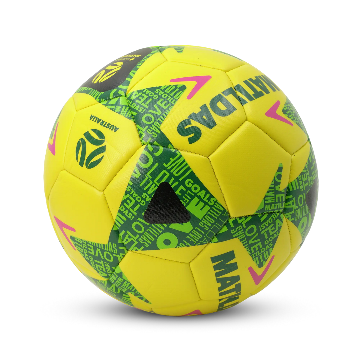 Official Matildas 32 panel soccer ball in yellow, green, black and pink