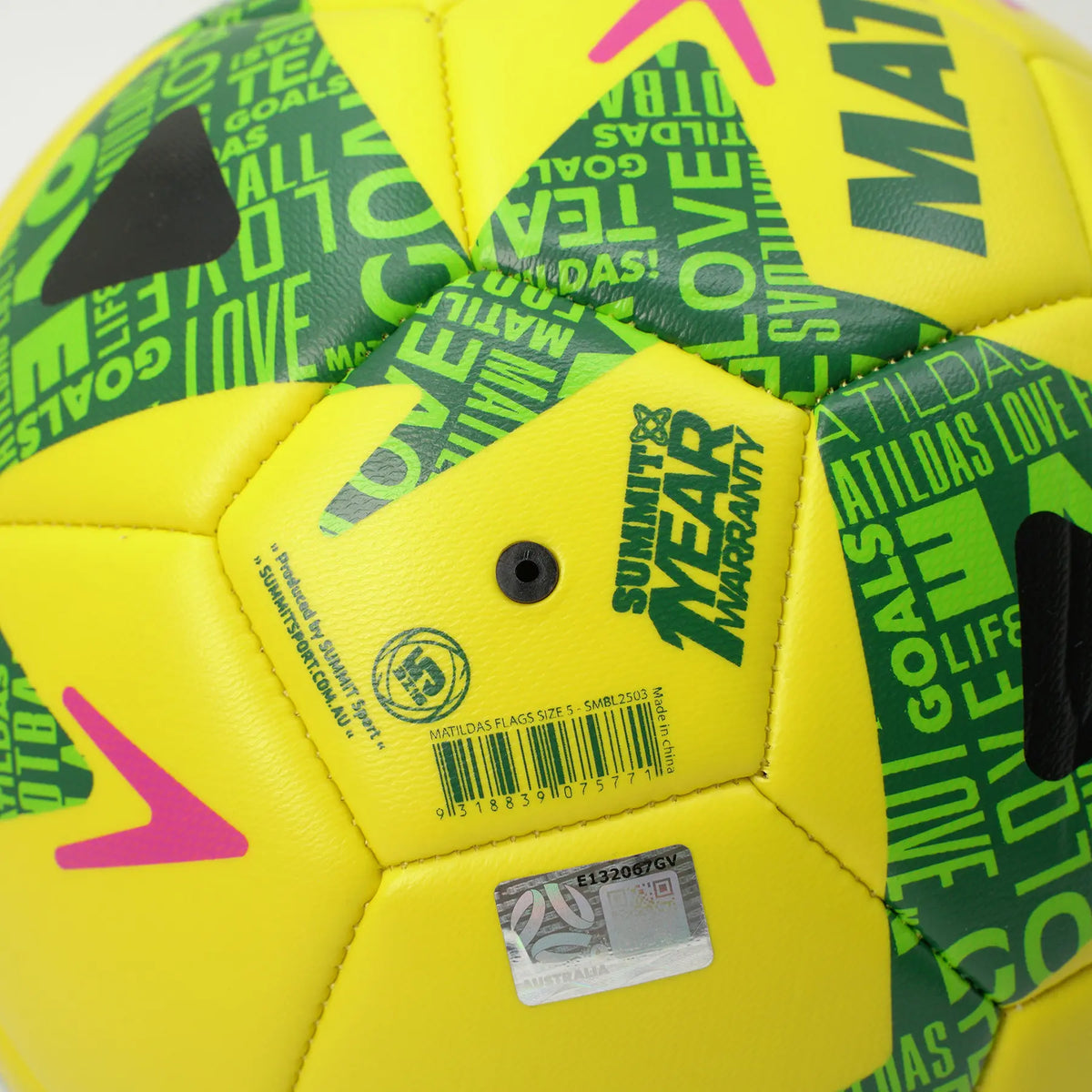 Matildas offical size 5 ball close up of the valve panel showing Football Australia sticker for official licensed ball. 