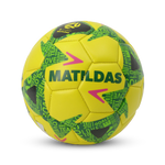 Matildas soccer ball with green and black patterned panels, featuring different football wording in green and pink accents, shown on a clean white background.