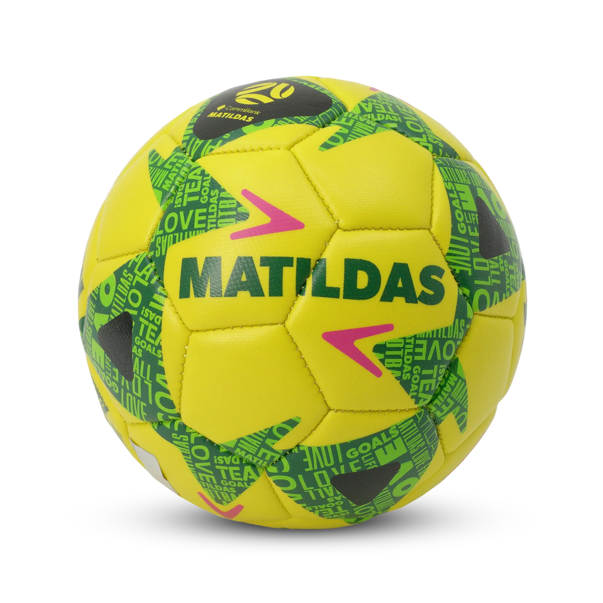 Matildas soccer ball with green and black patterned panels, featuring different football wording in green and pink accents, shown on a clean white background.
