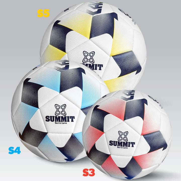 Image showing three available sizes of Summit launch ball. White and yellow for size 5, white and blue for size 4, white and red for size 3.