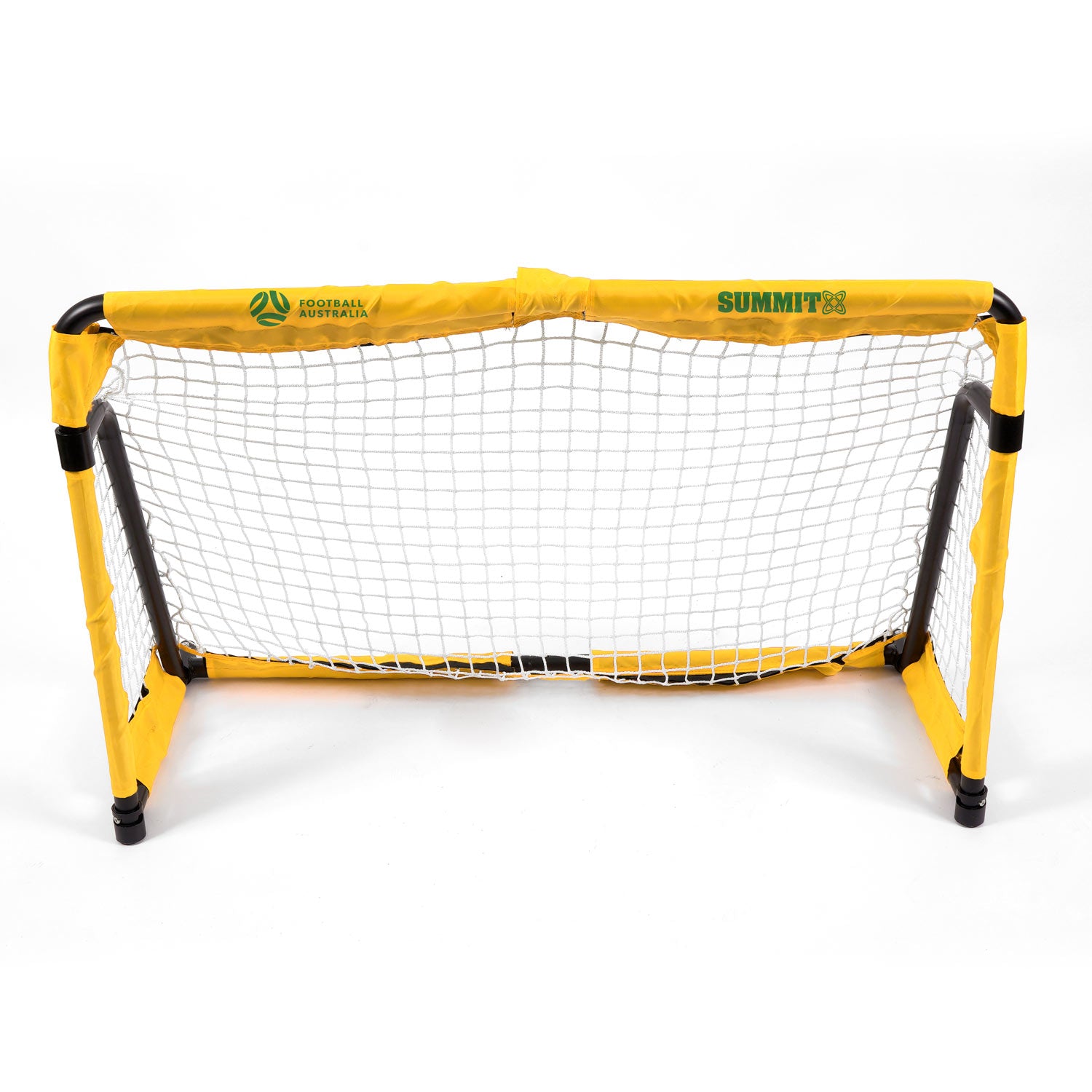 SUMMIT 120cm 4ft portable soccer goal in yellow and black on white background. Aluminium style football goal for kids soccer training and games.