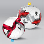 Size comparison of the Summit Football Australia resist soccer ball size 5 and size 4. Size 5 has a pixel gradiation effect in black, red and silver on white. Size 4 has a flowing impossible triange design in black, red and silver on white. 