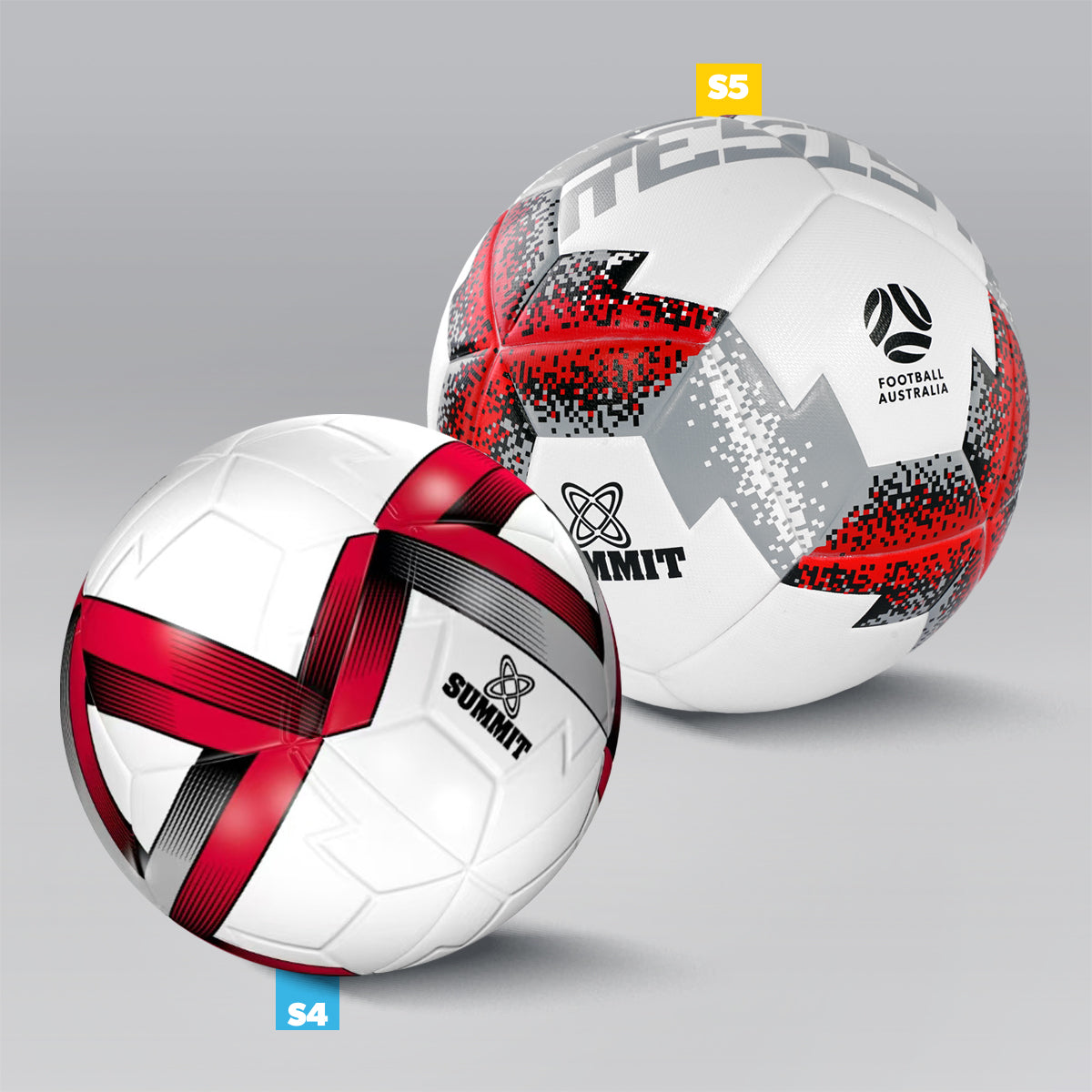 Size comparison of the Summit Football Australia resist soccer ball size 5 and size 4. Size 5 has a pixel gradiation effect in black, red and silver on white. Size 4 has a flowing impossible triange design in black, red and silver on white. 