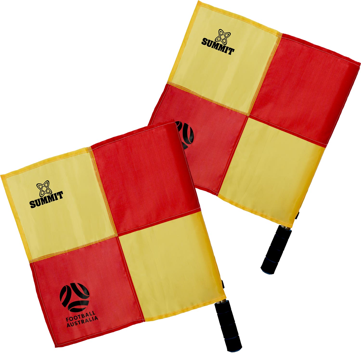 Soccer Linesman Flags are a pair of flags in highly visible colours for your referees and officials. Approved by Football Australia for matches and games. Bright yellow and orange with steel shaft and foam handle. 
