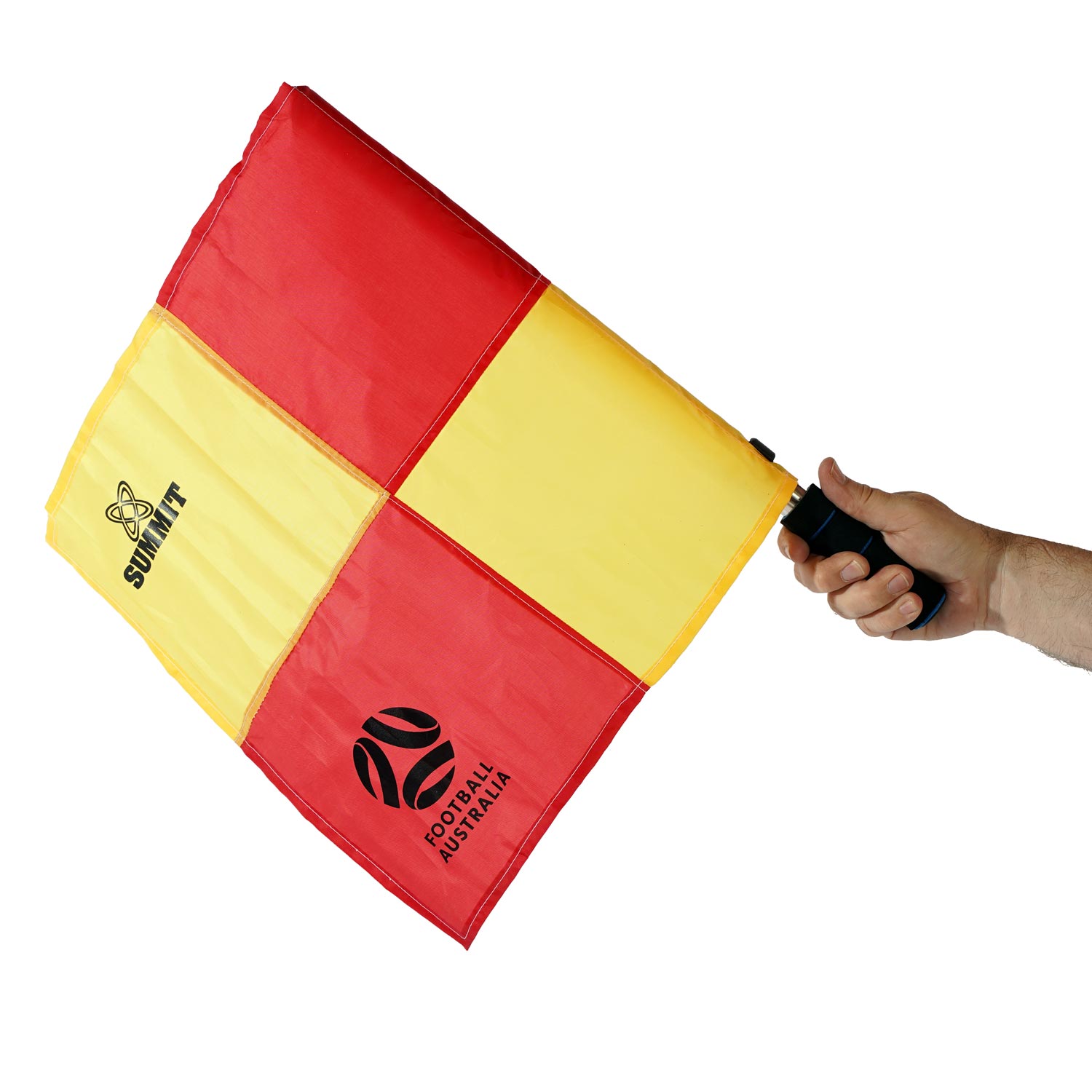 Referee holding Soccer Linesman Flags are a pair of flags in highly visible colours for your referees and officials. Approved by Football Australia for matches and games. Bright yellow and orange with steel shaft and foam handle. 
