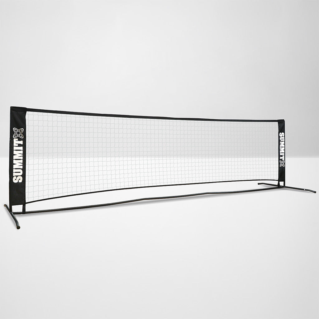 Portable tennis net with Summit branding on a white background