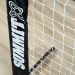 close up of summit logo on nylon sleeve of portable tennis net 