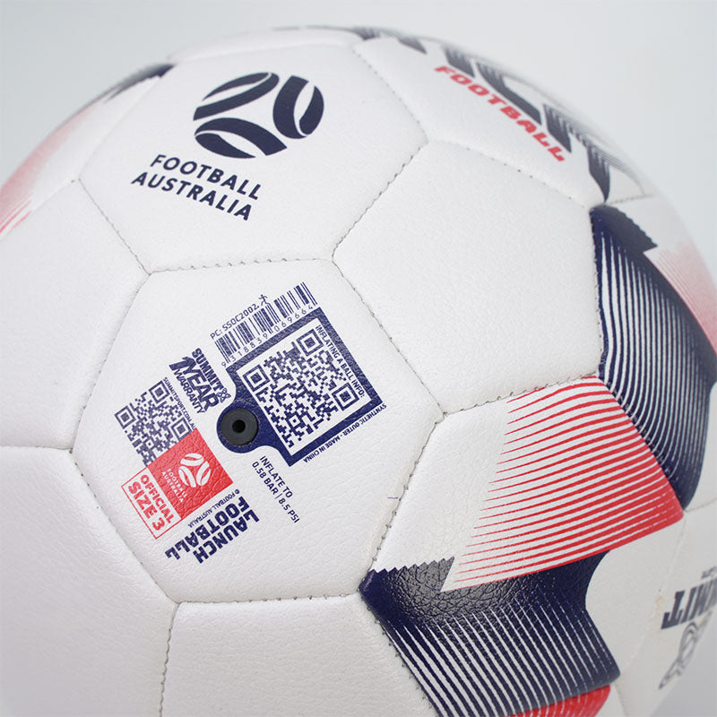 SUMMIT Launch Soccer Ball in size 3 - close up of valve panel. Football australia copyright info, and links to summit sport website.