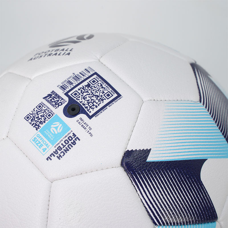 SUMMIT Launch Soccer Ball in size 4 - close up of valve panel. Football australia copyright info, and links to summit sport website.
