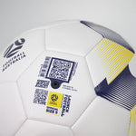 SUMMIT Launch Soccer Ball in size 5 - close up of valve panel. Football australia copyright info, and links to summit sport website.