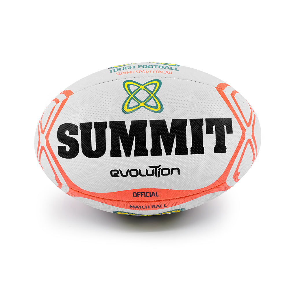 SUMMIT Evolution Touch Rugby ball with white multi level dimple grip and fluro orange print. Front facing Touch Rugby match ball photo shown on angle with white background for SUMMIT Sport Touch Rugby Online Shop