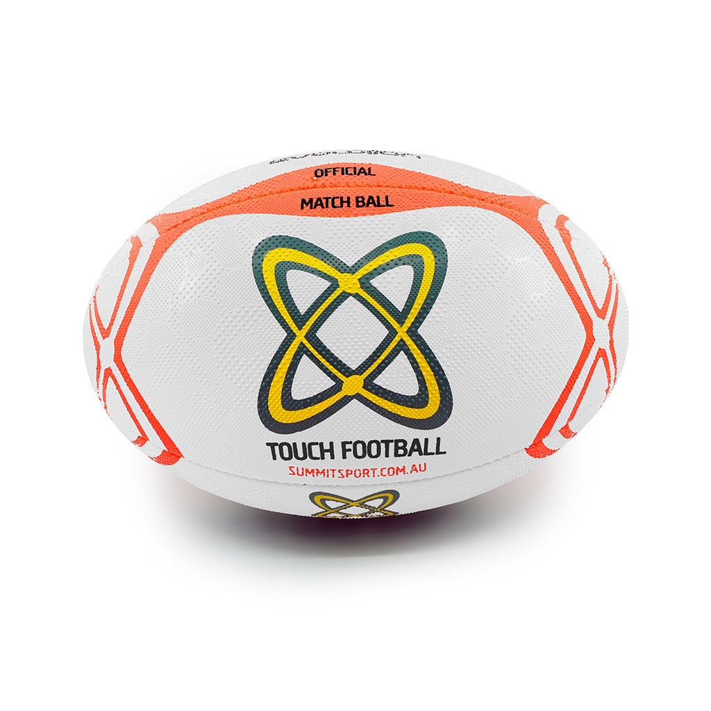 SUMMIT Evolution Touch Rugby ball with white multi level dimple grip and fluro orange print. Back facing Touch Rugby match ball photo shown on angle with white background for SUMMIT Sport Touch Rugby Online Shop