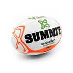 SUMMIT Evolution Touch Rugby ball with white multi level dimple grip and fluro orange print. Touch Rugby match ball photo shown on angle with white background for SUMMIT Sport Touch Rugby Online Shop