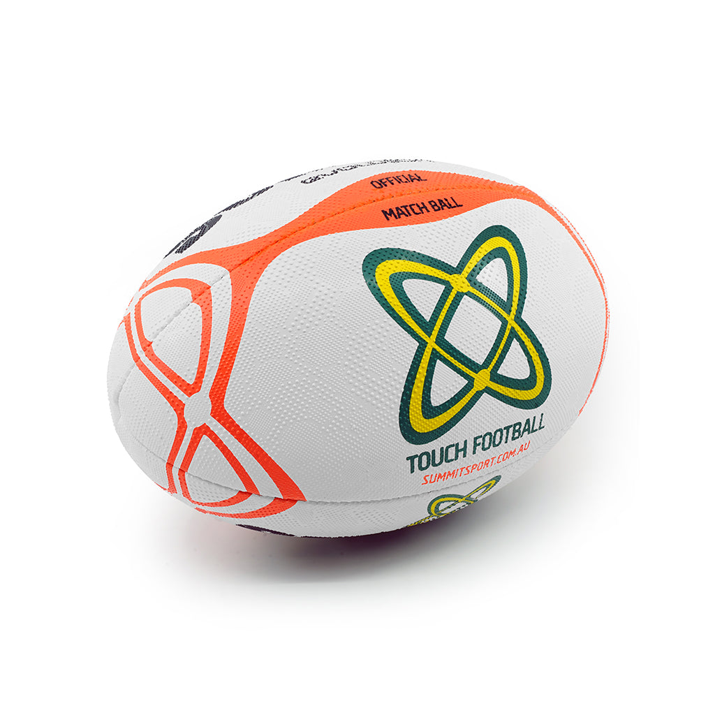 SUMMIT Evolution Touch Rugby ball with white multi level dimple grip and fluro orange print. Back of Touch Rugby match ball photo shown on angle with white background for SUMMIT Sport Touch Rugby Online Shop