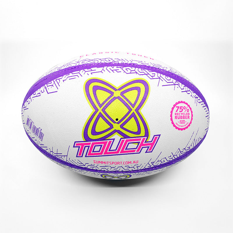 Full size SUMMIT Touch Rugby Ball in white, purple, fluro yellow  and pink. Uses Recycled rubber in the materials.